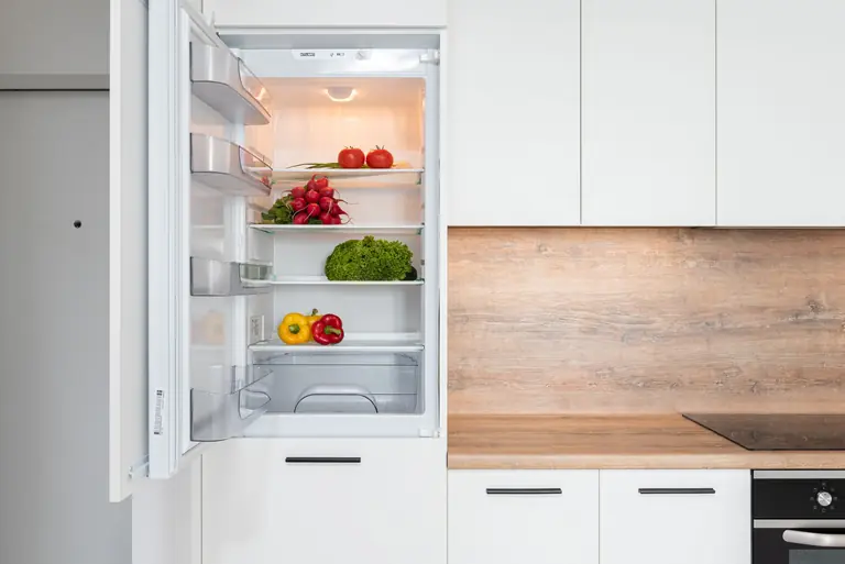 Contemporary kitchen with refrigerator filled with fresh bright tomatoes lettuce and bell peppers