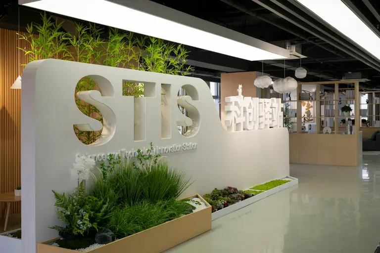 a planter filled with lots of green plants next to a sign