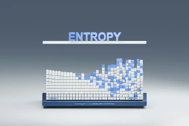 A bar chart of white and blue cubes transitioning from order to disorder