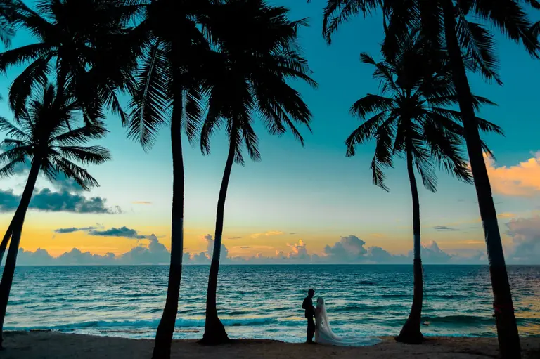Bride and groom standing on a tropical beach at sunset, surrounded by palm trees.