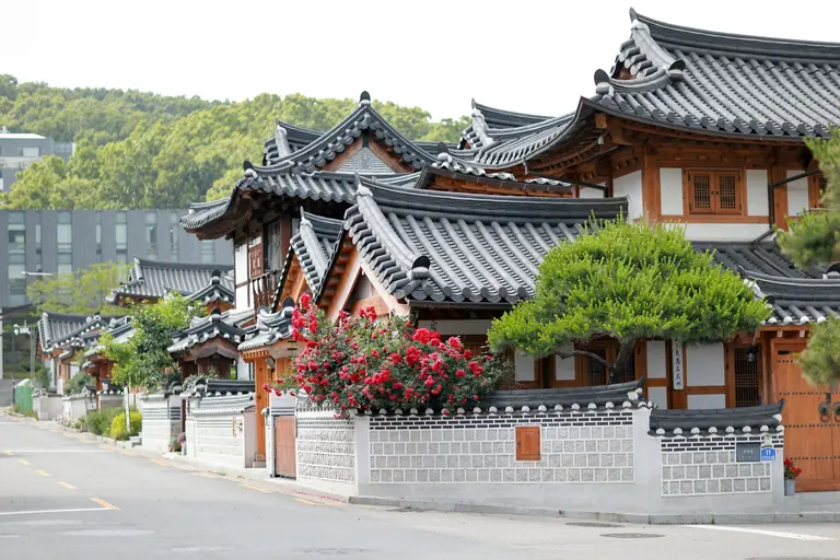 Explore the charming traditional Hanok houses in Bukchon Hanok Village, Seoul, surrounded by vibrant greenery.