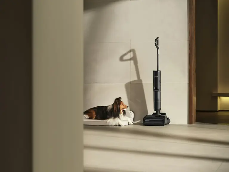 A dog rests near a vacuum cleaner on the floor.
