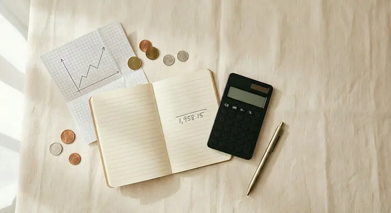 A calculator, a pen, coins, and a graph on a beige fabric surface