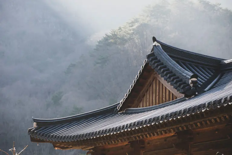 A traditional Korean temple roof with mountains in the background, capturing the serene winter landscape.