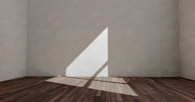 Sunlit empty room with wooden flooring and a shadowed wall, creating a minimalist look.